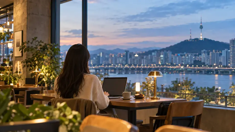 ソウルのカフェでノートPCを使う旅行者