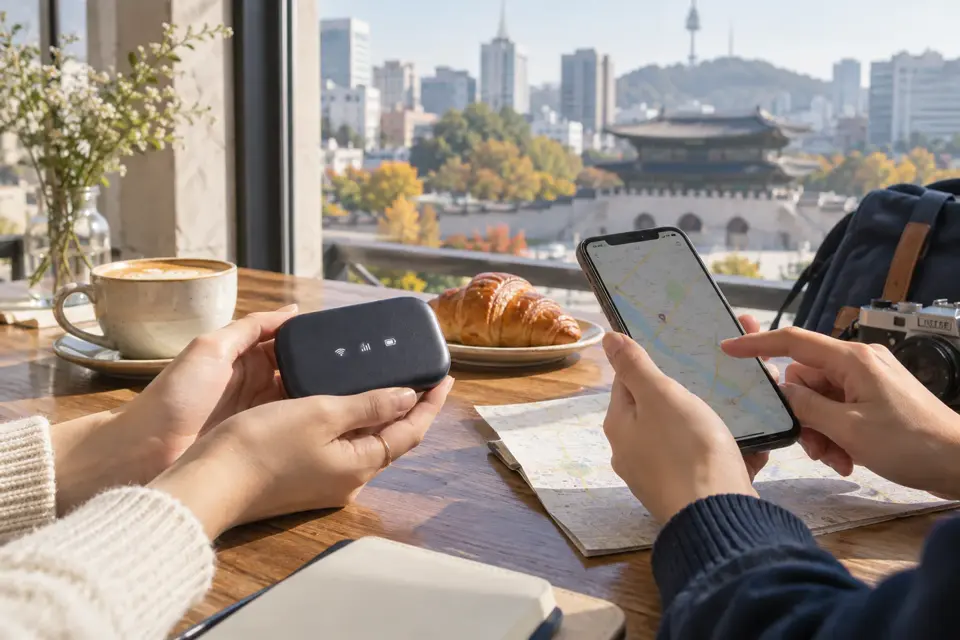 カフェで海外Wi-Fiを共有しながらスマートフォンを確認する旅行者