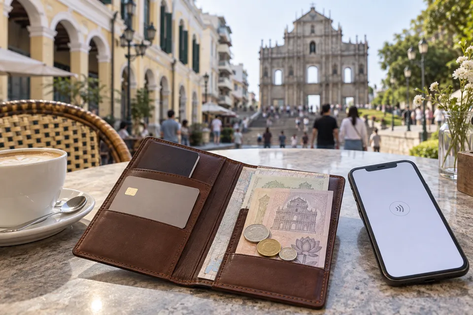 マカオ旅行で現金とカードを分けて管理する旅行財布のイメージ