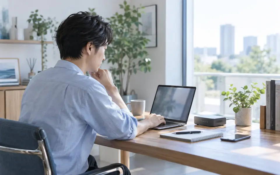 自宅の机でノートパソコンとネットワーク機器を使う人