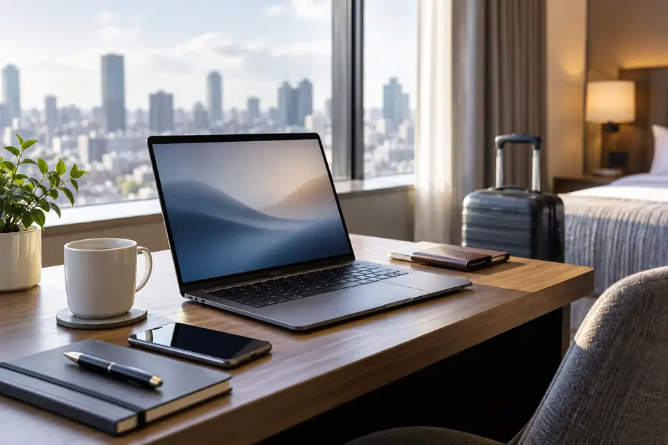 ホテルの窓際でノートPCを使う旅行者