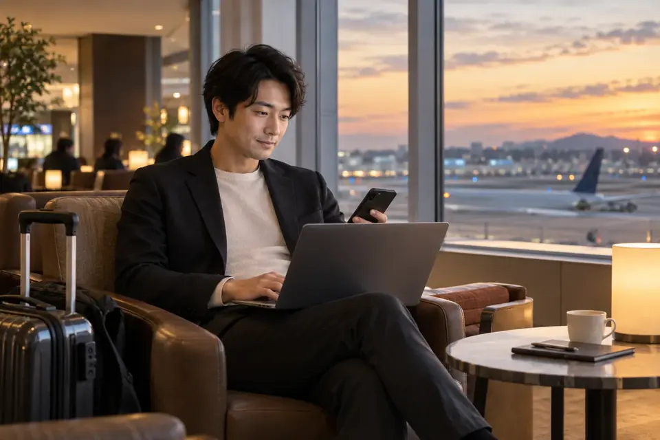 空港ラウンジでノートパソコンとスマートフォンを使う旅行者