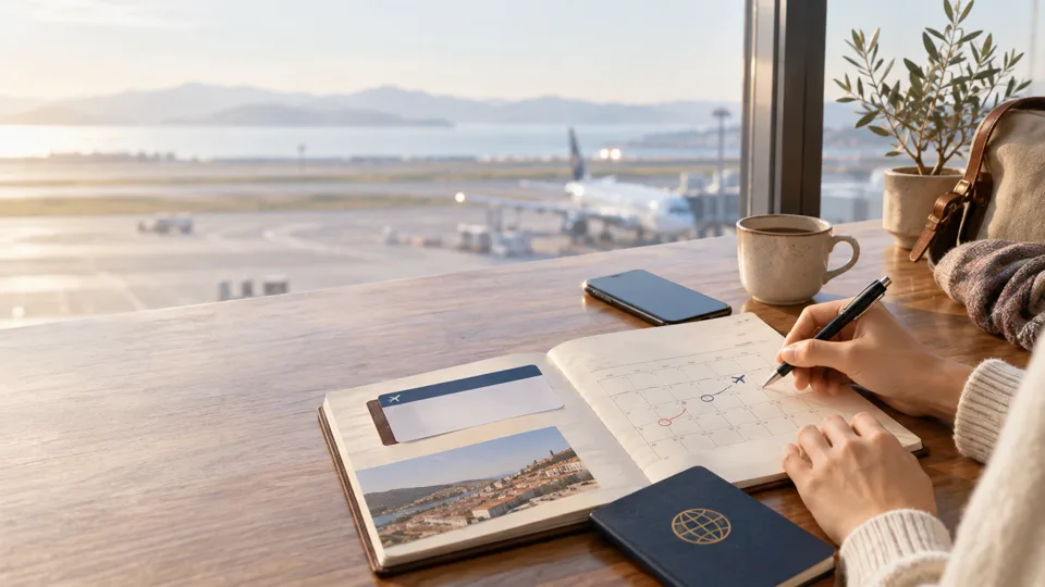 旅行日程と航空券を検討する机の上のパスポートとノート