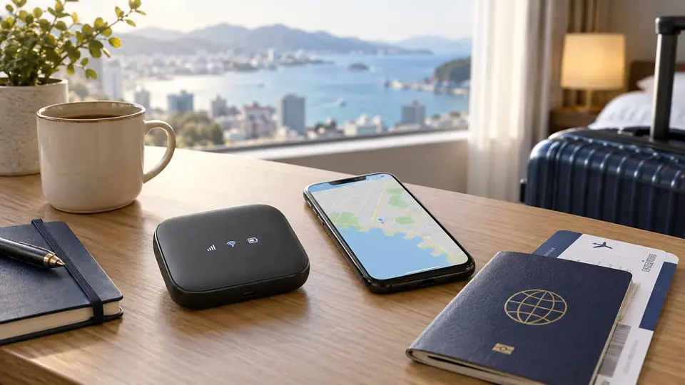 ホテルのデスクに置かれた海外Wi-Fiルーター、スマートフォン、パスポート