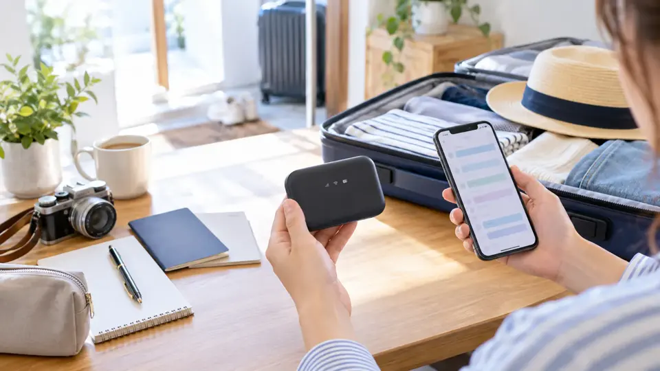 旅行の荷造りをしながら海外Wi-Fiルーターとスマートフォンを確認する様子