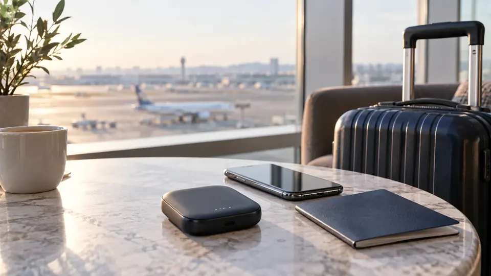 空港ラウンジのテーブルに置かれた海外Wi-Fiルーターとスマートフォン