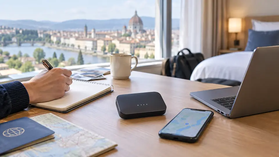 ホテルのデスクで海外Wi-Fiルーター、スマートフォン、PCを使って旅行を計画する様子
