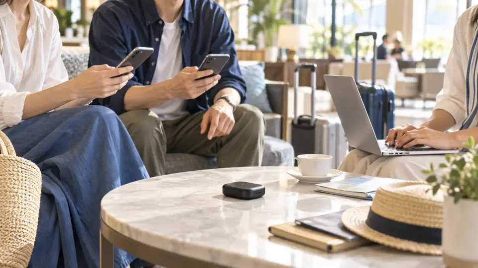 ホテルラウンジで海外Wi-Fiルーターを囲み、スマートフォンとPCを使う旅行グループ