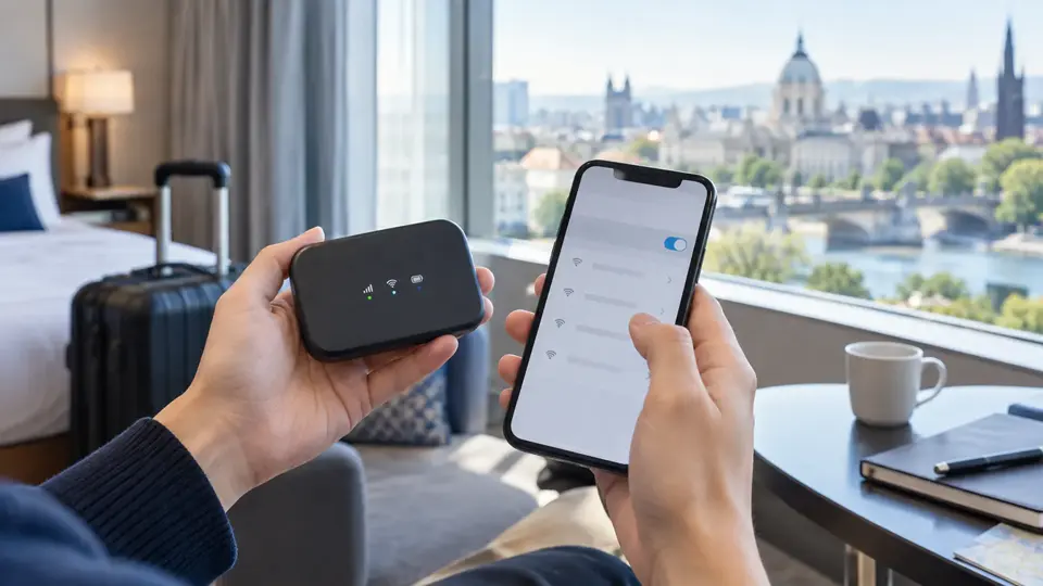 ホテルの窓際で海外Wi-Fiルーターとスマートフォンの接続を確認する様子