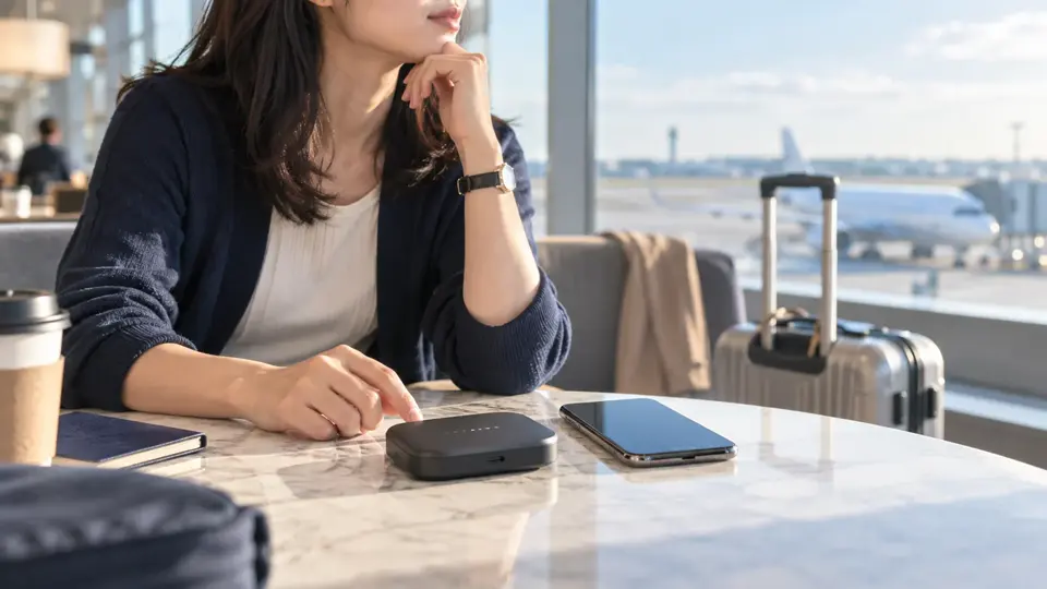 空港ラウンジで海外Wi-Fiルーターとスマートフォンを確認する旅行者