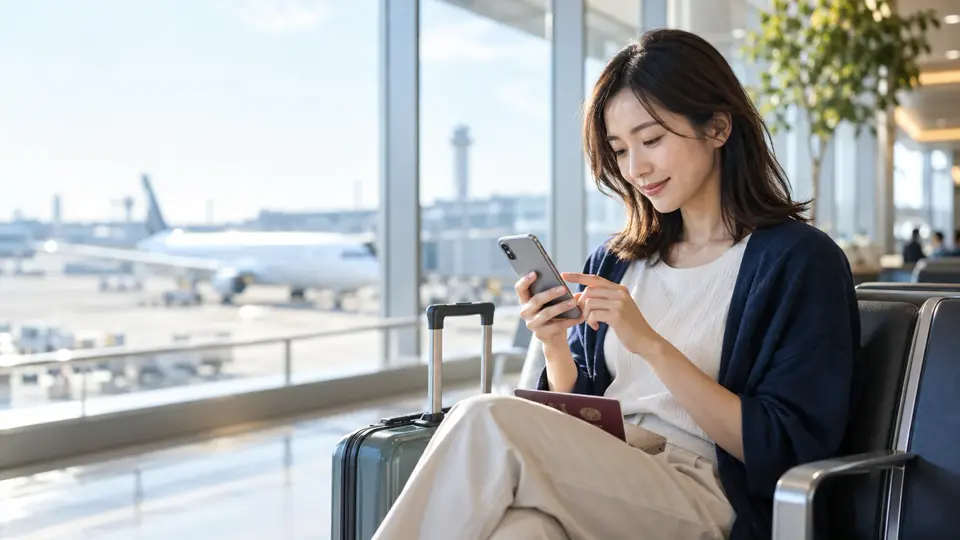 空港ラウンジで旅行用eSIMのデータ通信を確認する旅行者