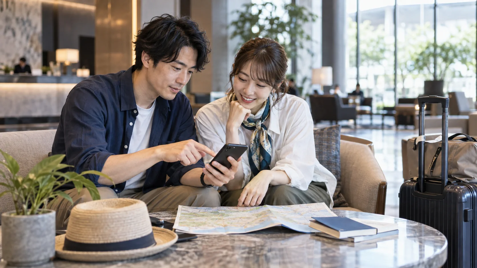 ホテルで旅程とモバイルデータの使い方を確認する旅行者