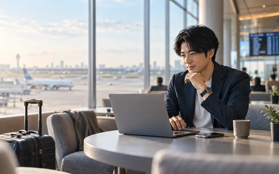 空港ラウンジでノートPCを使う旅行者