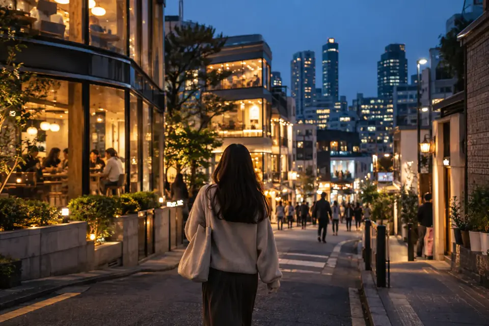 夕方のソウルの街を歩く旅行者と、カフェや商店の灯り