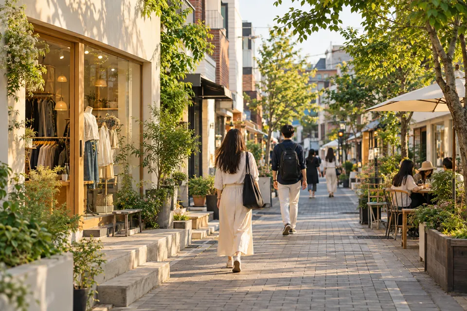 緑のあるソウルの商店街を、ショップとカフェを見ながら歩く旅行者