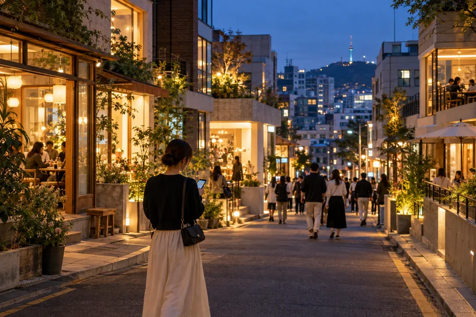夕方のソウルのカフェや飲食店が並ぶ通りを、スマートフォンで道を確認しながら歩く旅行者