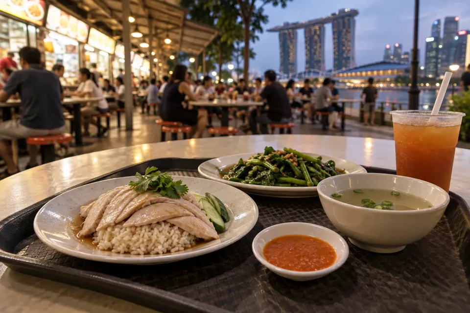 夕方のシンガポールの屋外食事エリアで、トレーに並んだ料理と飲み物