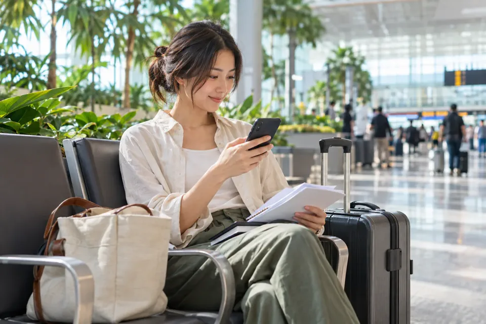 空港の到着ロビーでスマートフォンと旅行メモを確認する旅行者