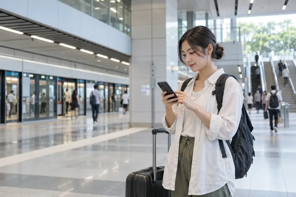 市内の駅構内でスマートフォンの経路を確認する旅行者