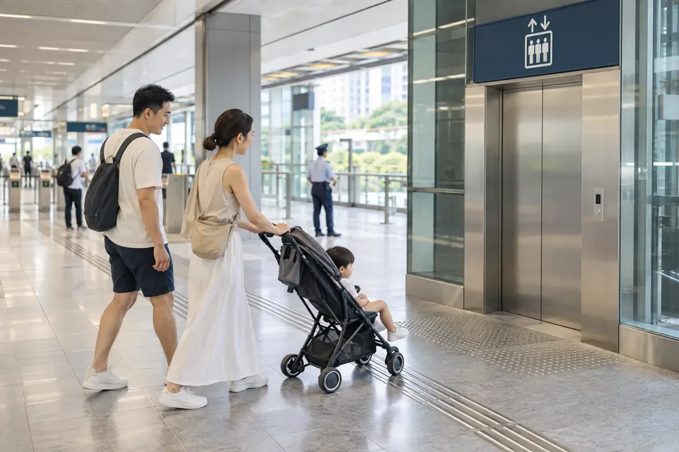 ベビーカーを押す親子が駅のエレベーターへ向かう様子
