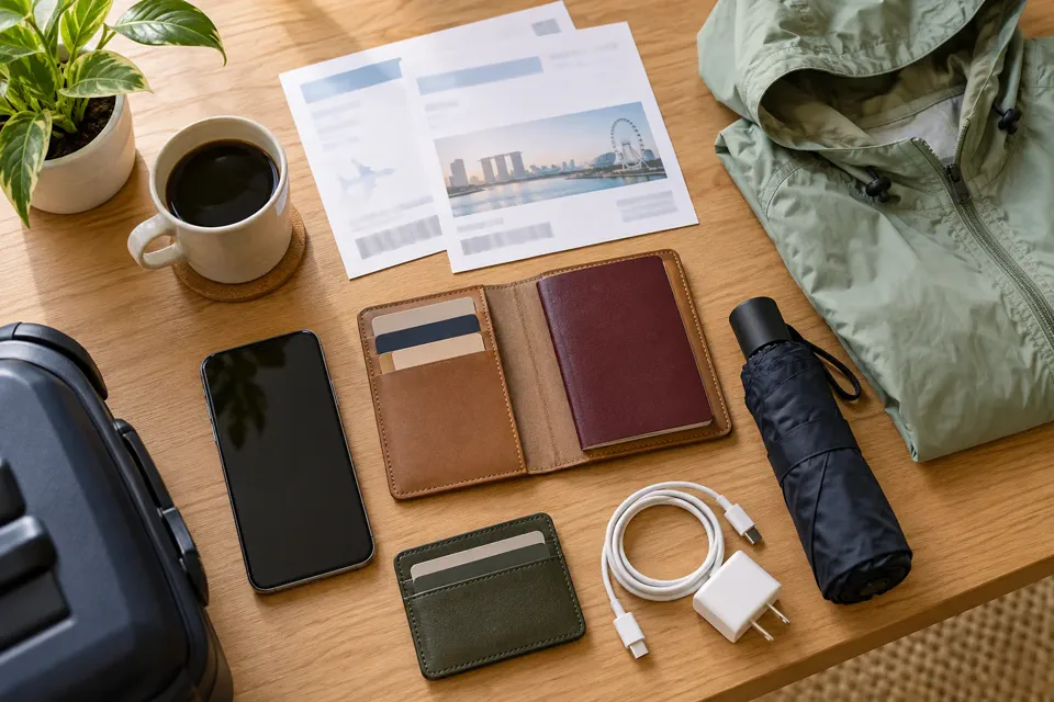 パスポートケース、カード、スマートフォン、雨具、充電器を机に並べた旅行準備