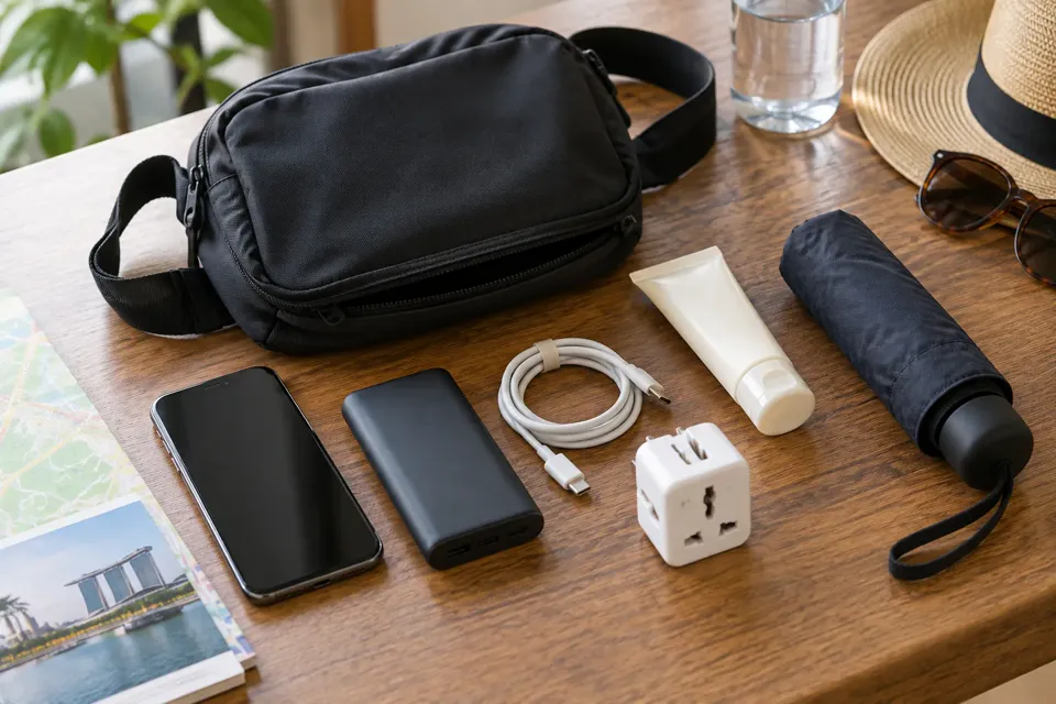 スマートフォン、モバイルバッテリー、ケーブル、変換プラグ、日焼け止め、折りたたみ傘を日帰りバッグ用に並べた様子