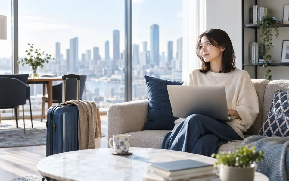 海外の住まいでノートPCを使う旅行者