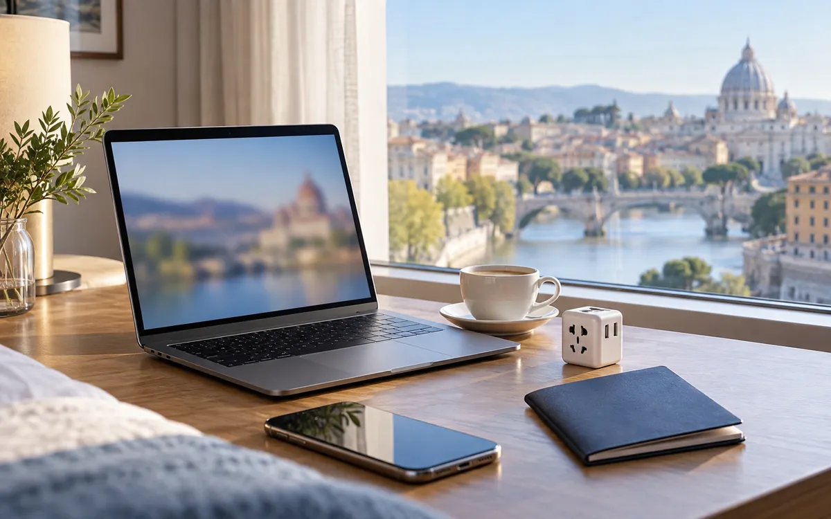 海外旅行前にPCとスマホの利用環境を確認するイメージ
