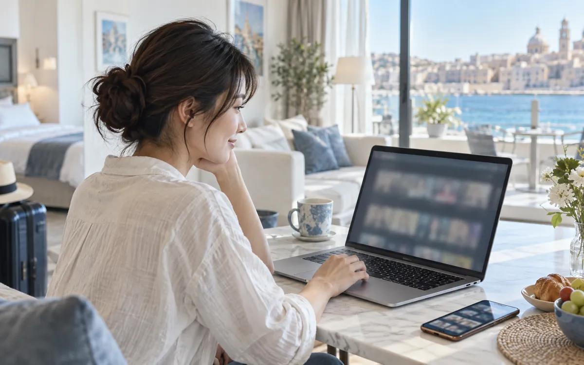 海外滞在中にノートPCで動画サービスを確認する利用イメージ