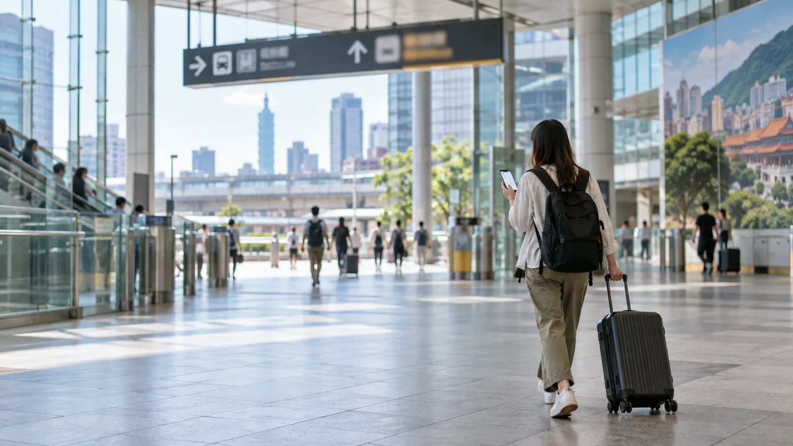 台北駅周辺で、スーツケースを持ちながらホテルへの経路をスマートフォンで確認する旅行者