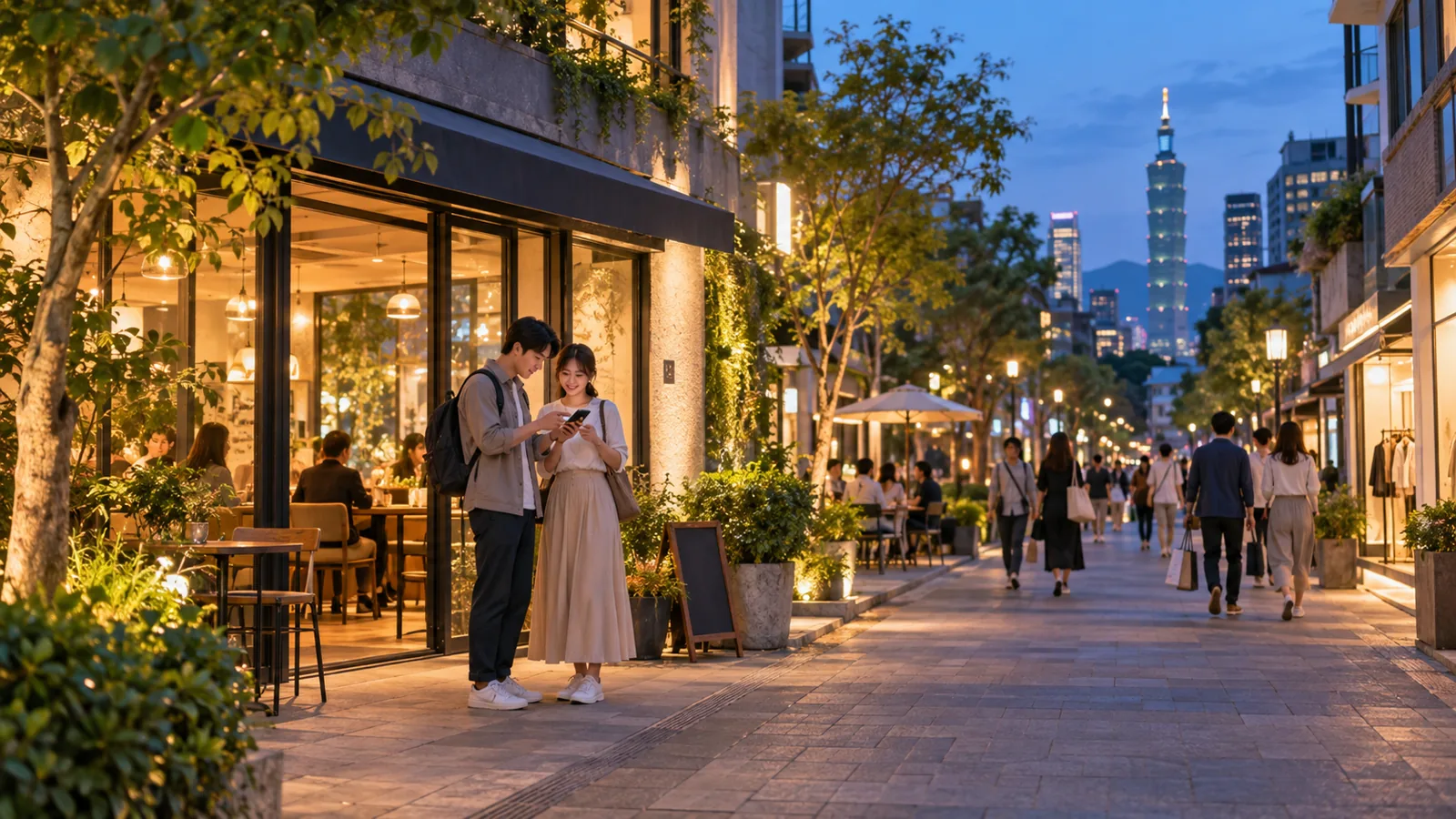 台北のカフェと買い物が楽しめる夜の街で、次の行き先を確認する旅行者
