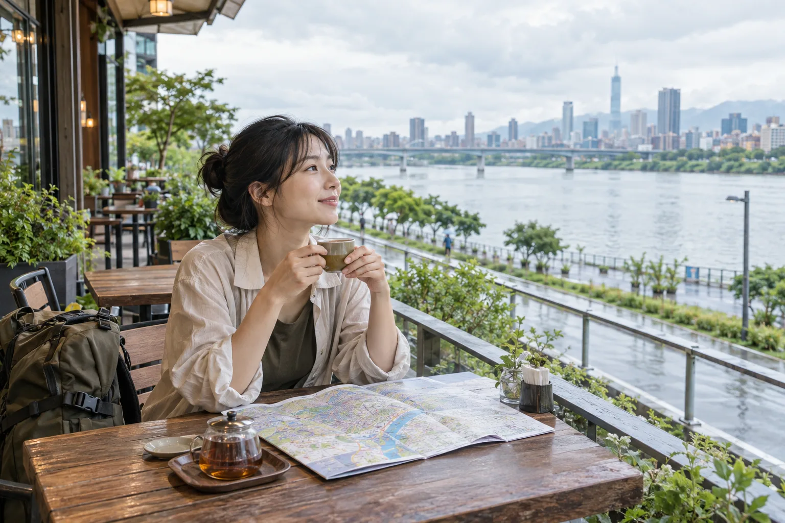 雨上がりの九份で、石段と夜の散策に備えてゆっくり歩く旅行者