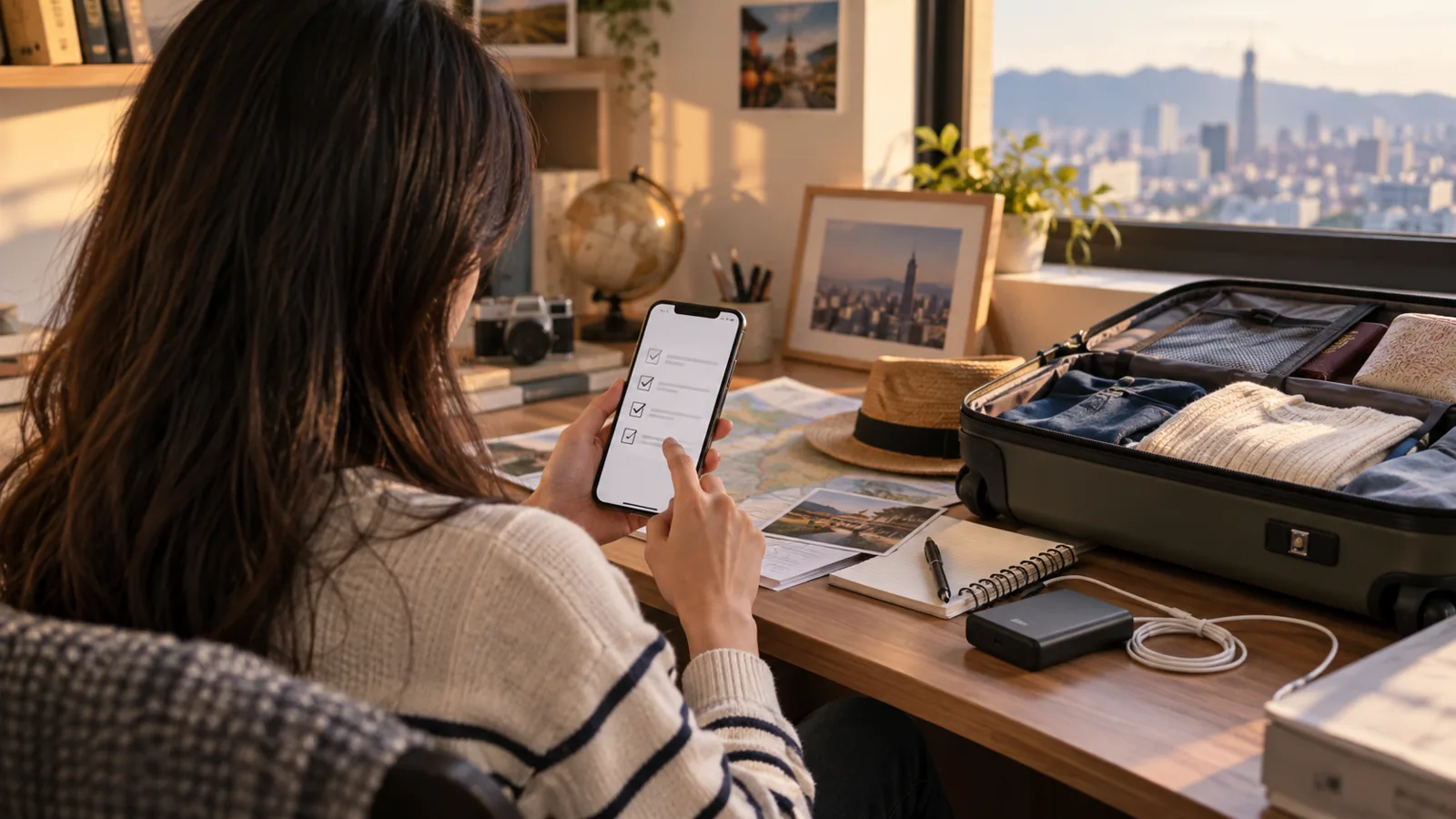 出発前の自宅で、スマートフォンと旅行の予定表を使って台湾向けeSIMの設定条件を最終確認する様子