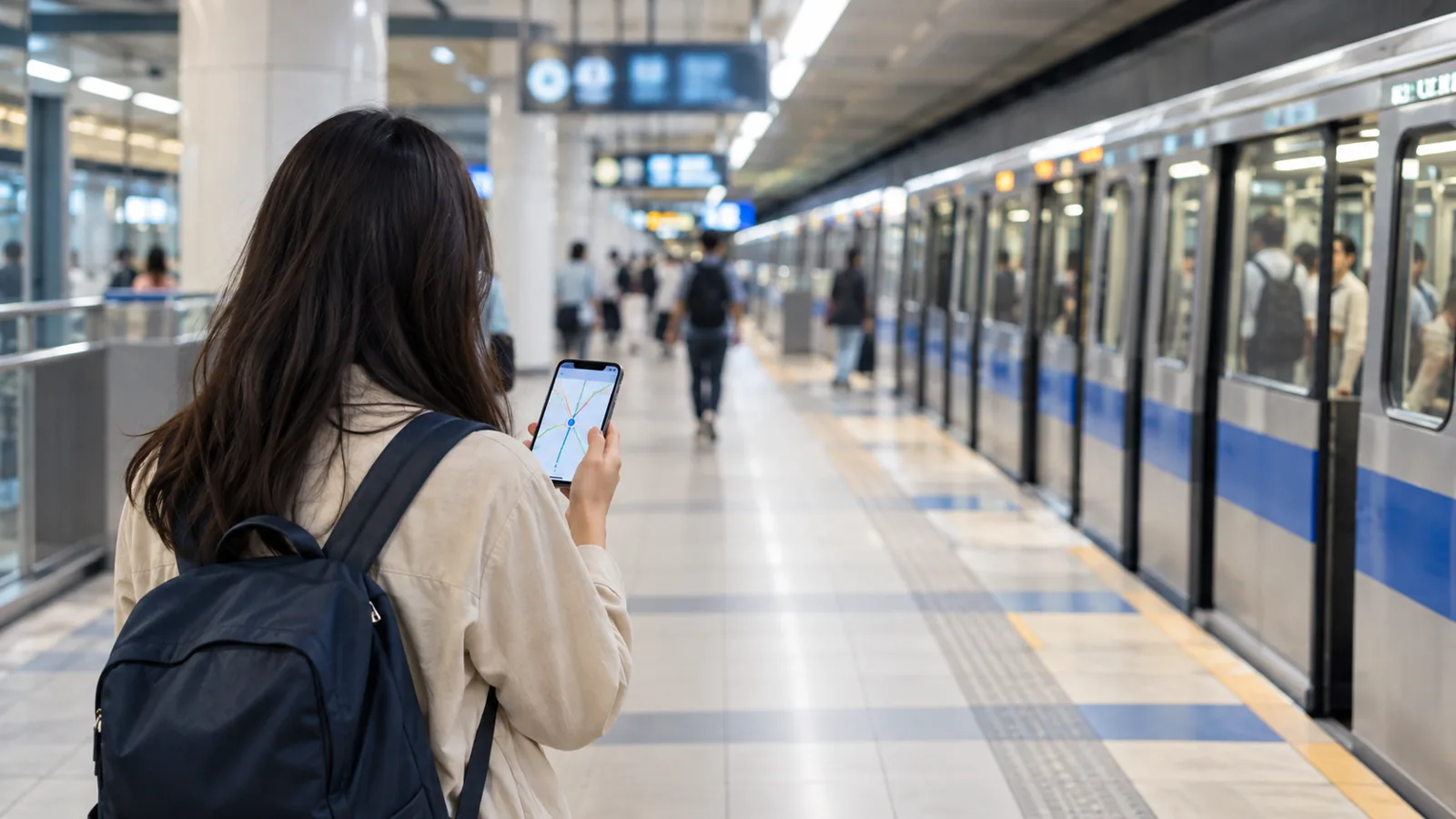 台北のMRT駅で、地図アプリを使いながら次の目的地を確認する旅行者