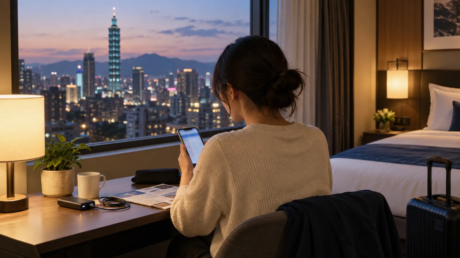 ホテルの部屋で、翌日の台湾旅行に向けてeSIMの設定とモバイルバッテリーを確認する様子