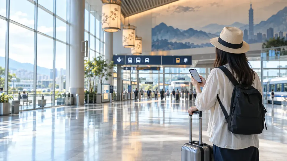 桃園空港に到着後、スマートフォンで台北市内への経路を確認する旅行者