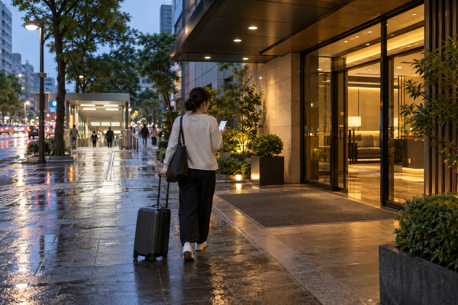台北のホテルへ、夜の到着後にスーツケースを引いて向かう旅行者