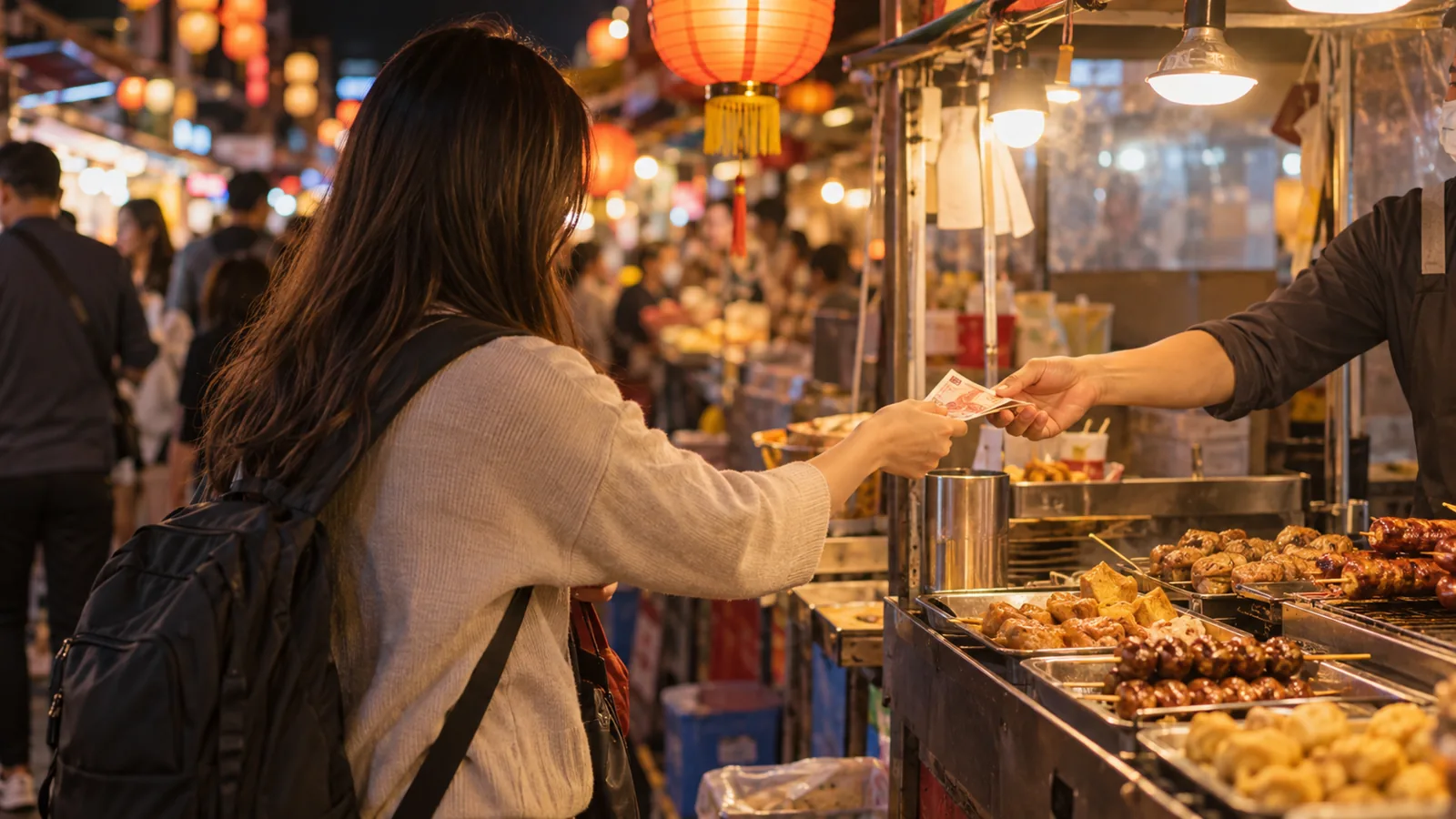 台湾の夜市で、少額の現金を使いながら屋台の食べ歩きを楽しむ旅行者