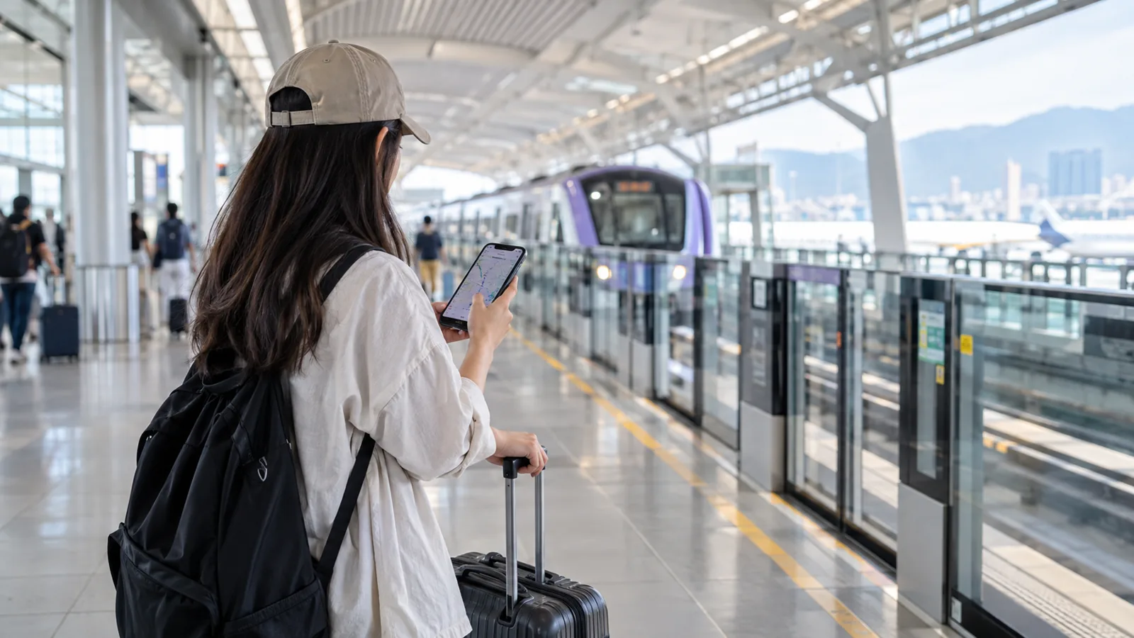 桃園空港に到着後、スーツケースを持つ旅行者が台北市内への移動方法を確認する様子