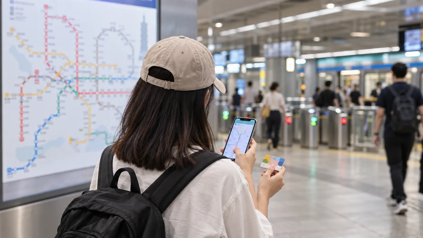 台北のMRT駅で、旅行者が路線図とスマートフォンの経路を見比べながら移動を計画する様子