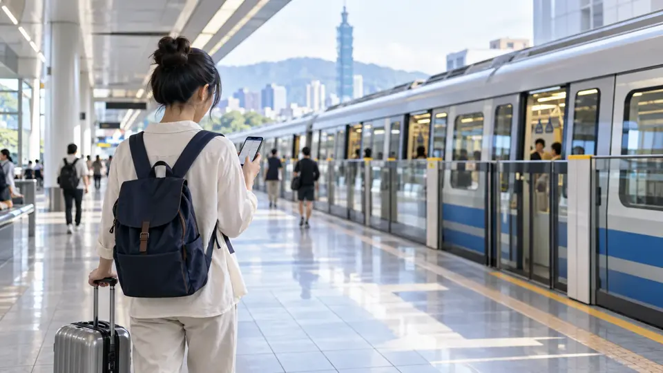 台北のMRT駅で、旅行者が移動経路を確認する様子