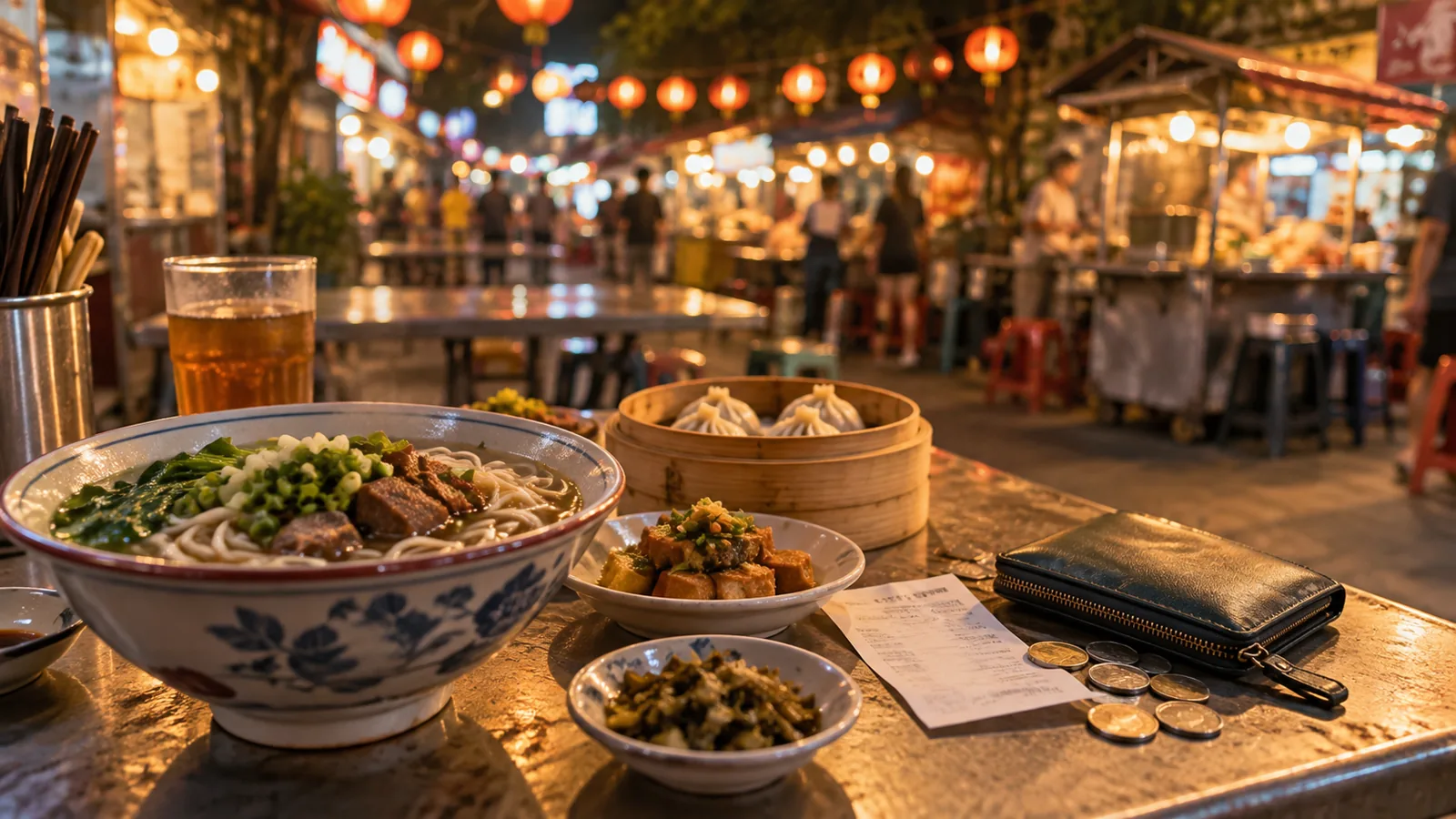台北の夜市で食費や小さな買い物の予算を考えるイメージ