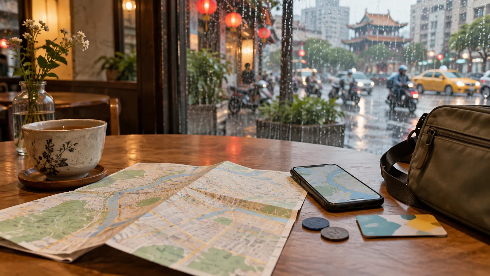 雨の日に台北のカフェで旅程を確認する旅行者の持ち物