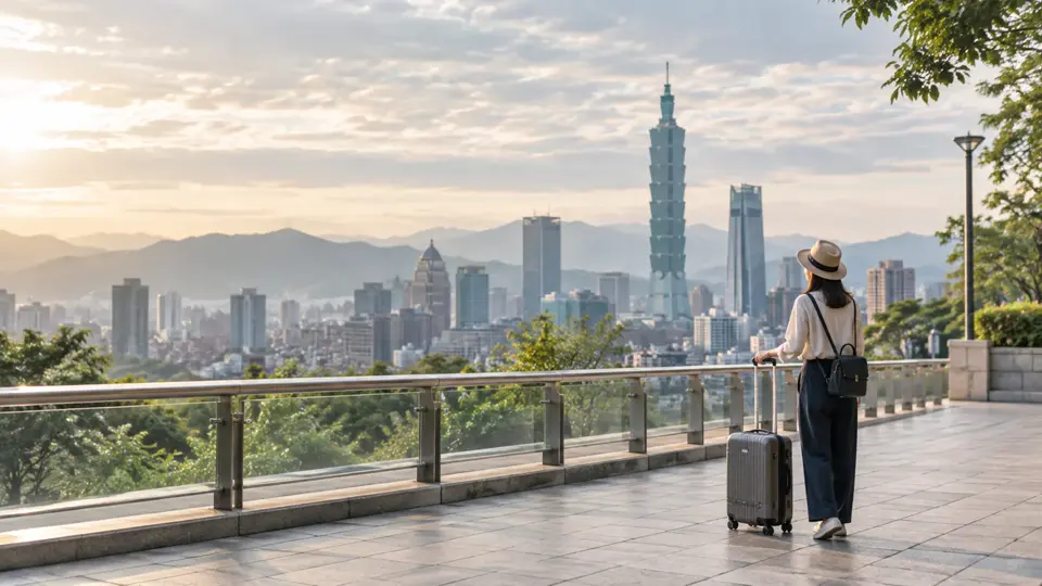 台北101を眺めながら台湾旅行の計画を考える旅行者