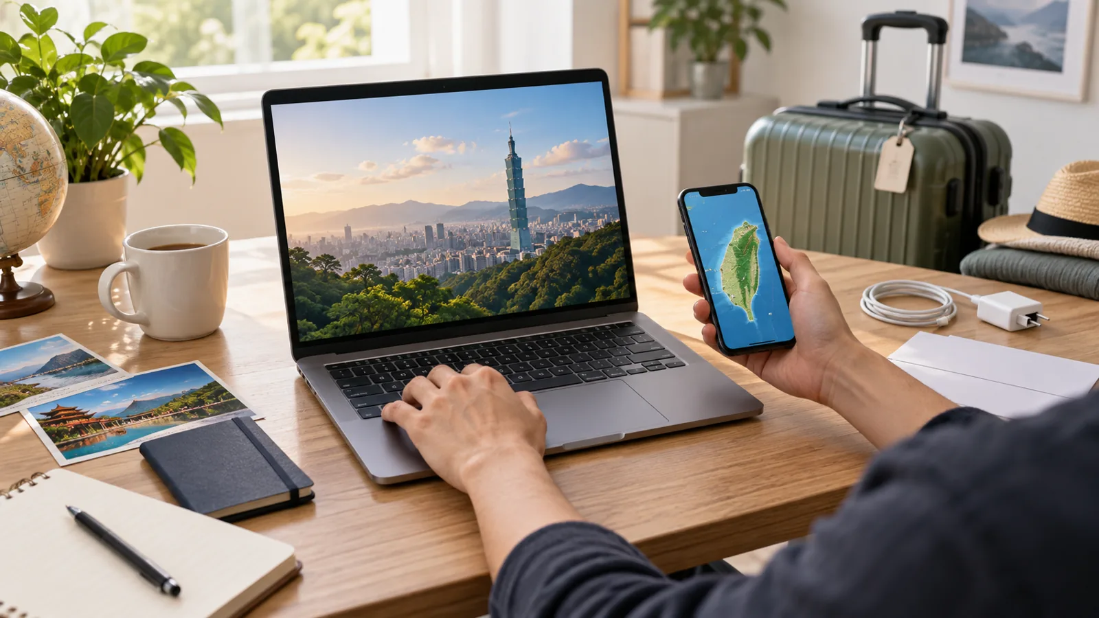 出発前の自宅で、ノートPCとスマートフォンのVPN接続を確認しながら旅行準備をする様子