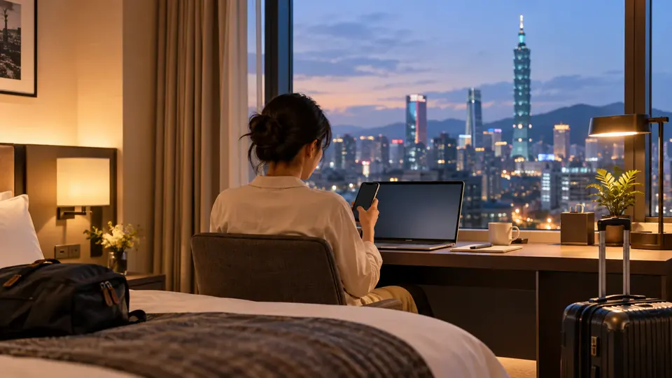 台湾旅行中のホテルで、安全な通信方法を確認する旅行者