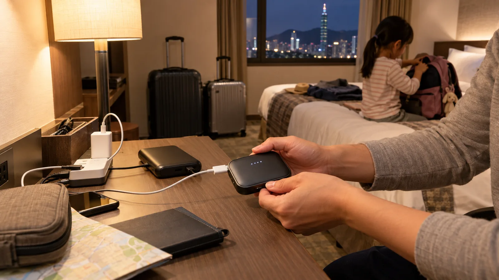 ホテルの部屋で、モバイルWi-Fi本体とスマートフォンを充電しながら翌日の台湾旅行を準備する家族