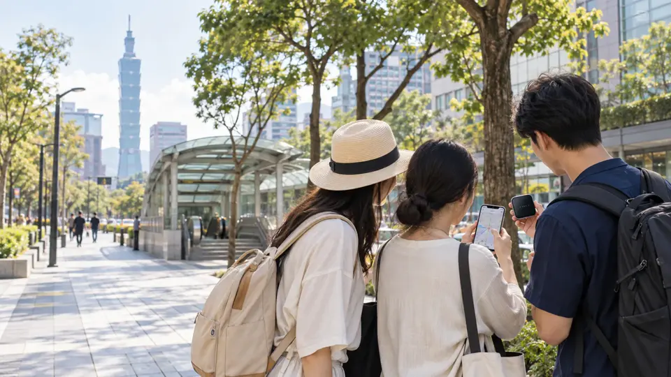 台湾旅行中、複数人でモバイルWi-Fiを使いながら台北の街を歩く様子