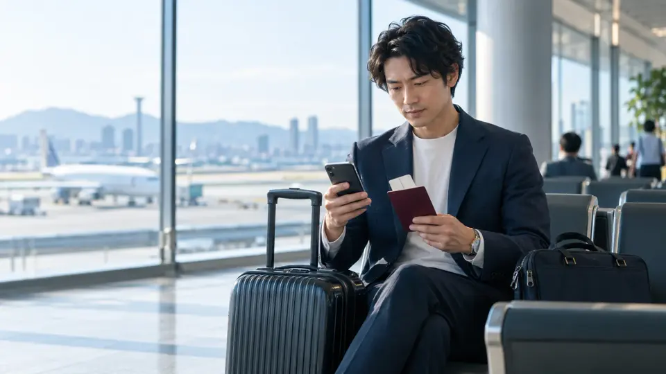 空港で旅行用eSIMの利用条件を確認する旅行者