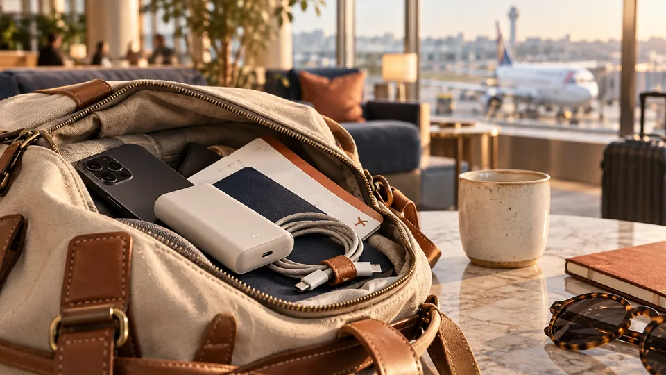 旅行用バッグにスマートフォン、モバイルバッテリー、充電ケーブルを入れた様子